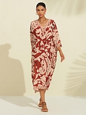 abordables Robes de vacances-caftan midi en mousseline à imprimé cachemire bohème et col en V