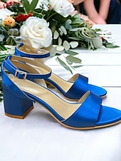 economico Prom-sandali con tacco a blocco in raso turchese con cinturino alla caviglia per donna - eleganti scarpe da sera e da matrimonio