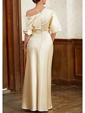 preiswerte GRÜN-Etui Kleid Mutter der Braut Hochzeitsgast Formelles Abendkleid Elegante Party Schulterfrei Zug-Länge Satin Halbelängliche Ärmel mit Raffung.