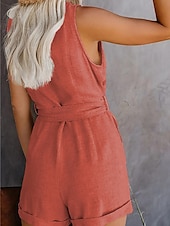 abordables grenouillère-combinaison femme sans manches col en V boutonné devant noué à la taille couleur unie lin style décontracté élégant été printemps tenue une pièce