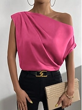 billiga Damlinnen och blusar-Kvinnors linne topp svart ljusgrön rosa enfärgad kall axel street daglig mode en axel regular fit S