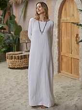 abordables Robes-Femmes Noir Blanche Rouge Été Printemps Automne Robe Maxi Robes inspirées du lin Robe Blanche Robe Décontractée Basique Occasionnel Quotidien Fête Coupe Ample Couleur Unie Col Bateau