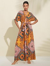 フォークプリント Vネックマキシドレス お買い得  プリントカジュアルドレス-フォークプリント Vネックマキシドレス