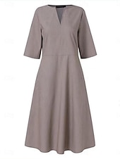 preiswerte Kleider aus Baumwolle und Leinen entwerfen-Damen Schwarz Blau Grau Sommer Frühling Midikleid Baumwoll-Leinen-Kleider Freizeitkleid Baumwoll-Sommerkleid Basic Modern Täglich Wochenende Lässiger Schnitt Einfach V-Ausschnitt