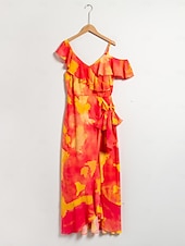 abordables Robe de cocktail-Robe mi-longue à basque pour femmes, tenue d&#039;invité de mariage, violet, orange, manches courtes, volants fleuris, cravate sur le devant, printemps &amp;amp; été asymétrique romantique s m l