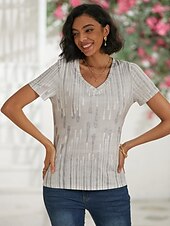 baratos Camiseta lisa-Mulheres Camiseta Listrado Básico Clássico Estampado Manga Curta Decote V Tops regulares Casual Feriado Final de semana Imprimir Branco Cinzento Verão Primavera
