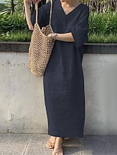 abordables concevoir des robes en coton et lin-Femmes bleu marine Orange Vert Été Printemps Robe maxi Robes inspirées du lin Robe Décontractée Basique Moderne Quotidien Week-end Coupe Ample Uni Col en V