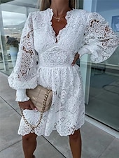 levne Bílé krajkové šaty-Dámské Bílé šaty Mini šaty Krajka s rukávem Dovolená Rande Elegantní A Do V Dlouhý rukáv Černá Bílá Fuchsiová Barva