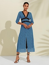 abordables robe décontractée imprimée-Femmes Robe trapèze Robe Fleurie Robe Imprimée Robe Midi Bleu Manches mi-longues Fleurs / Plantes Style Floral Imprimé Longue Printemps &amp; Été Col en V Façade en V Doux Date S M L