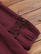 cheap Shirts-Women&#039;s Shirt Lace Shirt Blouse Eyelet top Plain Basic Modern 3/4 Length Sleeve Crew Neck Regular Tops Casual Lace Patchwork Black White Wine Navy Blue Summer Spring