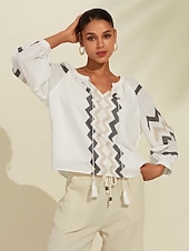 economico camicie, top e camicette-top con scollo a V e maniche a sbuffo geometriche