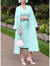 cheap With Jacket-Two Piece Sheath Mother of the Bride Dress Wedding Guest Church Elegant Jewel Neck Knee Length Stretch Fabric Half Sleeve Jacket Dresses with Solid Color Derby Dress Race Day Dress 2025