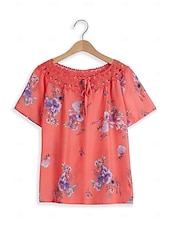 abordables Hauts en dentelle-Blouses en dentelle blanche élégante pour femmes blouses ajourées basiques florales imprimées courtes tops réguliers col en V décontractés romantiques petits tops pour l&#039;été vêtements de vacances