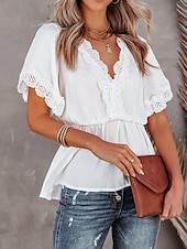 voordelige Elegante topjes-Overhemd Kanten overhemd Blouse Wit kanten overhemd Dames Zwart Wit Effen Kant Soepelvallende tuniek Straat Dagelijks Modieus V-hals Normale pasvorm S