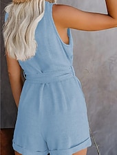abordables grenouillère-combinaison femme sans manches col en V boutonné devant noué à la taille couleur unie lin style décontracté élégant été printemps tenue une pièce