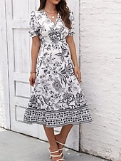 preiswerte Elegante Blumenkleider-Damen Midikleid Casual kleid Schaukelkleid A Linie Kleid Sommerkleid Strassenmode A-Linie Urlaub Strasse Festtage Regular Fit Blumen Kurzarm V Ausschnitt Schwarz Rote Blau Grün Sommer