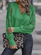 economico Top in Pizzo-Top in pizzo elegante da donna con occhiello blusa alla moda moderna patchwork in pizzo maniche lunghe regolare scollatura a V casual romantico top petite estivi per le vacanze nere marroni verdi