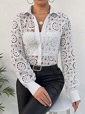 levne Oblečené topy-Košile Krajková košile Halenka Očko nahoře Dámské Bílá Bez vzoru Krajka Tlačítko ulice Denní Módní Košilový límec Běžný S