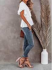 voordelige Elegante topjes-Overhemd Kanten overhemd Blouse Wit kanten overhemd Dames Zwart Wit Effen Kant Soepelvallende tuniek Straat Dagelijks Modieus V-hals Normale pasvorm S