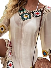 ieftine Rochii de plajă-Pentru femei Rochie albă Rochie Mini Bufantă Peteci Vacanță Plajă Sexy Boho În V Lungime Manșon 3/4 Negru Alb Roșu-aprins Culoare