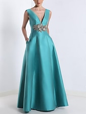 abordables Robes de bal de promo-Robes de Prom A-Line Robe Élégante Formelle Prom Longueur de Sol Sans Manches V Col Poche Satin avec Appliqués
