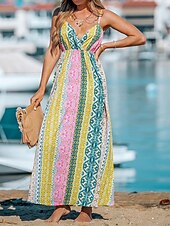 billige Ferie kjoler-kvinners fritidskjole slipkjole floral geometrisk ryggløst trykk stropp lang kjole maxi kjole boho ferie ermeløs sommer