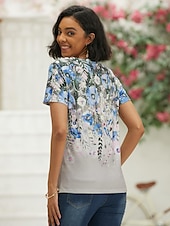 cheap Floral tee-Women&#039;s T Shirt Basic Floral Print Short Sleeve Regular Tops V Neck Holiday Weekend Pink Blue Green