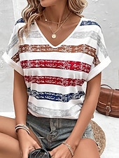 ieftine Tricou cu dungi și geometric-Tricou pentru femei T-Shirt patriotic guler în V dungi roșu alb albastru uzat cu mânecă scurtă casual de vară confortabil potrivire relaxată îmbrăcăminte de zi dimensiuni disponibile