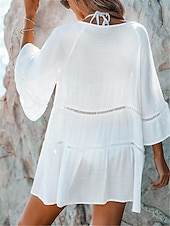 cheap Design Cotton &amp; Linen Dresses-Women&#039;s Mini Dress Linen-Inspired Dresses White Dress Casual Dress Summer Dress Basic Vacation Holiday Beach Loose Fit 3/4 Length Sleeve V Neck White Summer