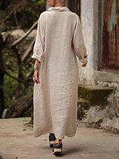 olcso design pamut és len ruhák-Női Keki zöld Sárgabarack Nyár Tavasz Maxi hosszú ruha Pamut vászon ruhák Ingruha hétköznapi ruha Alap Modern Napi Hétvége Laza öltözet Sima Állógallér
