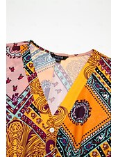 フォークプリント Vネックマキシドレス お買い得  プリントカジュアルドレス-フォークプリント Vネックマキシドレス