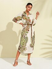 שמלת חולצת מידי בחגורת פייזלי בוהו זול הדפס שמלת קז'ואל-שמלת חולצת מידי בחגורת פייזלי בוהו