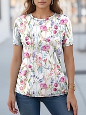 abordables T-shirt floral-t-shirt femme mode imprimé floral manches courtes hauts réguliers col rond quotidien week-end blanc jaune bleu violet été