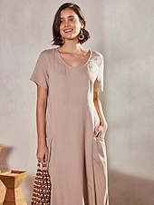 levne Šaty-Dámské Světlá růžová Nebeská modř Khaki Léto Maxi dlouhé šaty Maxi šaty Bavlněné lněné šaty Volnočasové šaty Jednobarevné Denní Volný Tričkový