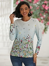 economico T-shirt floreale-Per donna maglietta Bianco Rosso Viola Floreale Farfalla Stampa Manica lunga Informale Giornaliero Essenziale Vintage Rotonda Standard Floreale Astratto Pittura S