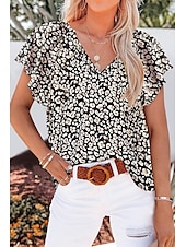abordables Hauts Unis pour Femmes-chemisier femme mode imprimé floral à volants sans manches hauts réguliers col en V décontracté vacances noir blanc jaune rouge bleu été