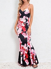 preiswerte abendkleider-Damen Freizeitkleid Etuikleid Unterkleid Blumen rückenfrei Print Rollkragen langes Kleid Maxikleid sexy Urlaub ärmellos Sommer