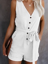 abordables grenouillère-combinaison femme sans manches col en V boutonné devant noué à la taille couleur unie lin style décontracté élégant été printemps tenue une pièce