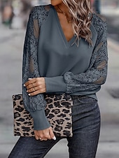 economico Top in Pizzo-Top in pizzo elegante da donna con occhiello blusa alla moda moderna patchwork in pizzo maniche lunghe regolare scollatura a V casual romantico top petite estivi per le vacanze nere marroni verdi