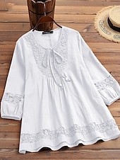 cheap Shirts-Women&#039;s Shirt Lace Shirt Blouse Eyelet top Plain Basic Modern 3/4 Length Sleeve Crew Neck Regular Tops Casual Lace Patchwork Black White Wine Navy Blue Summer Spring