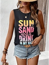 billiga Damlinnen och blusar-Damers Spaghetti Tank Top Västs Semester Tropisk Mode Bokstavstryck Ärmlös Regelbundna Toppar Crew Neck Avslappnad Svart Grå Sommar