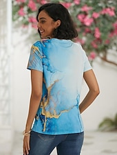 abordables T-shirt Art &amp; Design-t-shirt basique fluo pour femme&amp;amp;hauts à manches courtes à imprimé abstrait lumineux, col en V, quotidien, week-end, jaune, bleu, or, bleu clair
