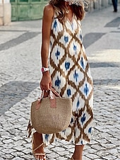 abordables Robes Bohémiennes-Femme robe longue Robe casual Robes bohème chic robe boheme Vêtement de rue Vacances Plein Air Standard Géométrique Bloc de couleur Sans Manches Col V Marron Eté