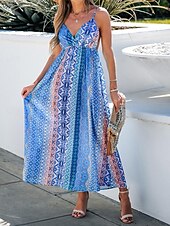 billige Ferie kjoler-kvinners fritidskjole slipkjole floral geometrisk ryggløst trykk stropp lang kjole maxi kjole boho ferie ermeløs sommer