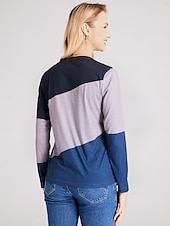 お買い得  ストライプ＆ジオメトリックTシャツ-女性用 Tシャツ カラーブロック 日常 ベーシック 長袖 ラウンドネック レギュラートップス 日常 週末 プリント ピンク ブルー グリーン カーキ色 秋冬