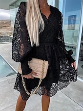 levne Bílé krajkové šaty-Dámské Bílé šaty Mini šaty Krajka s rukávem Dovolená Rande Elegantní A Do V Dlouhý rukáv Černá Bílá Fuchsiová Barva