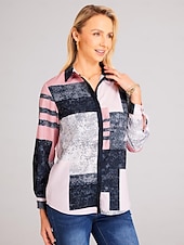 preiswerte Damen Streifen- und geometrische Oberteile-Damenhemd Langarm Knopfbluse Modisch Farbblock Druck Reguläre Tops Hemd Kragen Lässig Gelb Pink Blau Frühling  Herbst
