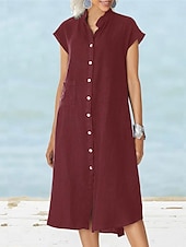 ieftine Rochii-Pentru femei Negru Alb Roșu Vin Vară Primăvară Rochii Midi Rochii de in bumbac Rochii Tip Cămașă Rochie casual De Bază Modern Zilnic Sfârșit de săptămână Potrivire Largă Simplu Guler de stand