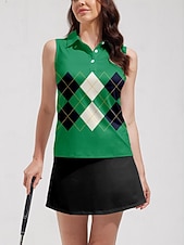 cheap Women's Golf Clothing-Women's Golf Polo Shirt Green Sleeveless Top Plaid Ladies Golf Attire Clothes Outfits Wear Apparel