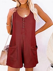 billiga Rompers-Dam Vanligt Jumpsuits Streetwear Ensfärgat Ärmlös V-hals Knappar Ficka Gata Dagligen Normal Svart Rodnande Rosa Vin Sommar